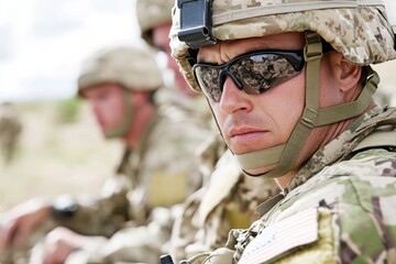 American soldier wearing camouflage uniform and sunglasses in battlefield