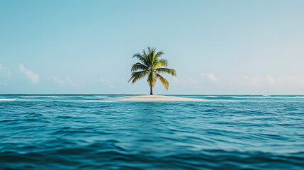 A small deserted island with a single palm tree in the middle of the vast ocean surrounded by gentle waves.