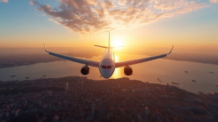 Jet aircraft soar through the vibrant sky over Istanbul's Bosphorus at sunset