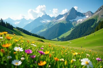 rolling hills of alpine meadows with wildflowers swaying gently in the breeze, springtime, serene, alps