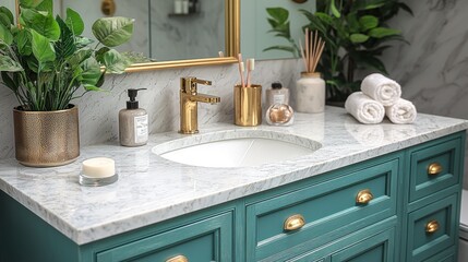 Bright bathroom interior with stylish counter, toiletries and decor for home use