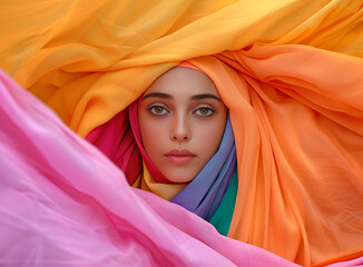 Portret kobiety w otoczeniu kolorowych tkanin.