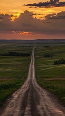 Gravel road stretching through lush green rolling hills under dramatic sunset sky. Tranquil rural landscape and journey concept