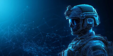 Digital soldier wearing tactical gear stands against network background