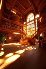 Elegant wooden library with stairs, books, and sunlit windows for learning