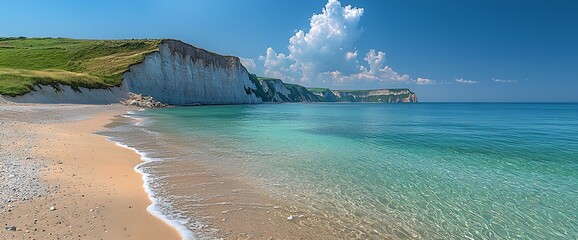 Sunny beach with turquoise water and white cliffs