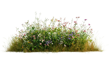Cutout image of grass and colorful flowers isolated on transparent background, ideal for photo editing and graphic design