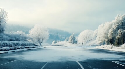 A parking lot surrounded by a snowy landscape during winter