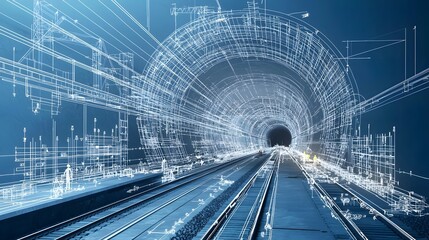 Detailed blueprint style visualization showcasing different phases of a railway tunnel construction project including the engineering architecture and infrastructure development processes