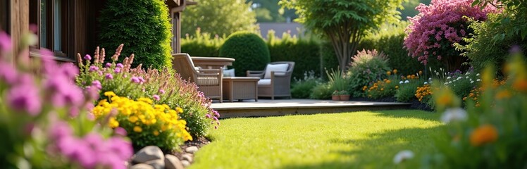 Backyard garden with colorful flowers on sunny day. Outdoor patio with wicker furniture. Green grass lawn, manicured shrubs, vibrant blooms in foreground, blurred trees background for tranquil
