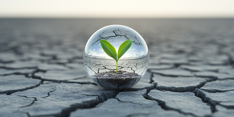 Resilience in Arid Lands: A Young Plant Thrives in a Glass Sphere Amidst Cracked Earth, Symbolizing Hope and the Fragility of Life. Water is Precious!