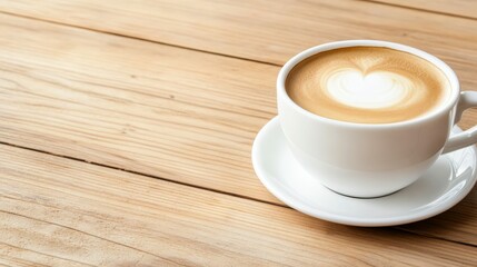 Cup of coffee with a notebook and pen on a wooden table, soft natural light from a nearby window, cozy and focused atmosphere,
