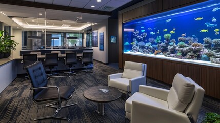 Modern office lounge with large aquarium promoting relaxation and wellbeing. Generative ai ilustration