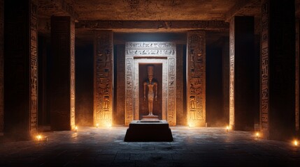 Mysterious Ancient Egyptian Temple Interior with Stone Reliefs and Illuminated Statue