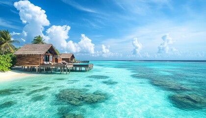 Stunning luxury modern bungalow with beachfront jacuzzi in the maldives under blue skies