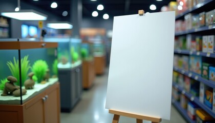 Blank white sheet on stand near aquarium section in pet store