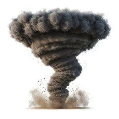 Dark dust tornado swirling with debris and smoke isolated white background