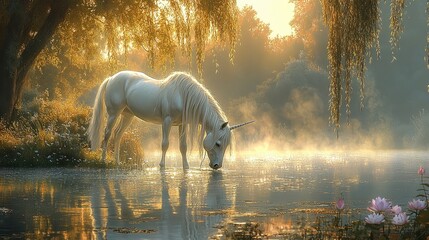  Luminous white unicorn with a flowing silver mane drinks from a tranquil crystal-clear lake. Its elegant presence reflects in the still water, creating a magical scene.
