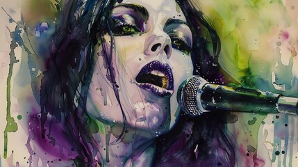Expressive watercolor painting of a female rock singer