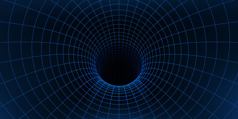 Wireframe grid tunnel vector 3d background. Abstract space wormhole, mesh tunnel, funnel or vortex with geometric grid pattern of neon blue line wireframe. Digital graphic space wormhole or portal