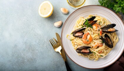 talian pasta with tender shrimp and mussels in a creamy sauce with white wine and garlic. top view