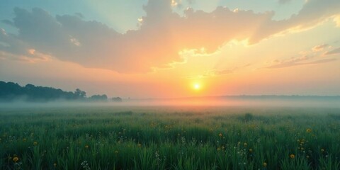 Serene Sunrise over a Misty Meadow with Wildflowers