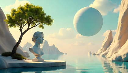 A serene, surreal landscape with floating islands and rocks, evoking a sense of tranquility and fantasy.