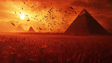 Locust Swarm Over Egypt: Pyramids Shrouded in Dusk as Citizens Flee Through Wheat Fields Under Blood-Red Sky