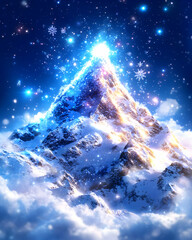 Glowing peak, snowy mountain, night sky