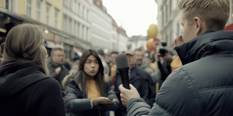 Street interview, a journalist with a microphone asks questions to people he meets about current political issues