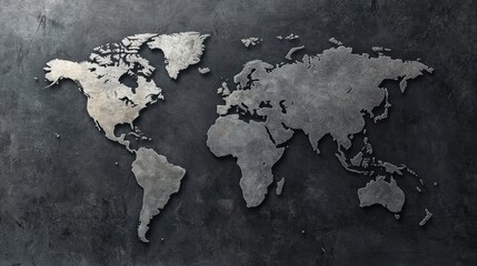 A textured world map highlighting continents in a weathered, metallic style against a dark background.