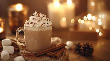 cozy winter themed scene with steaming cup of coffee topped with whipped cream, surrounded by candles and festive decorations