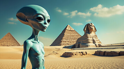 Mystical alien visiting the pyramids and Sphinx during a clear day in Egypt