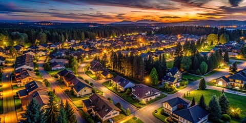 Aerial Night View of Puyallup, WA Residential Community - Illuminated Homes & Streets