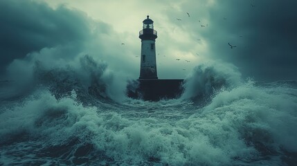 A coastal lighthouse standing resolute against crashing waves during a storm.