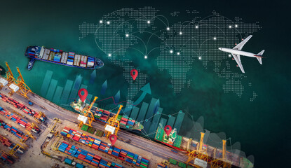 Aerial view and top view cargo plane flying above ship port coverage world map import-export business and logistics international goods. Shipping cargo to harbor by crane