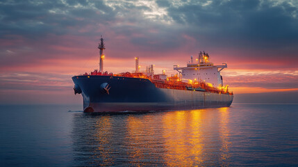 Large oil tanker sailing on calm water. Colorful sunset sky. Bright lights reflecting on the ocean surface. Transport ship in the distance.