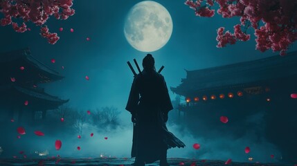 Samurai at Night Under Full Moon