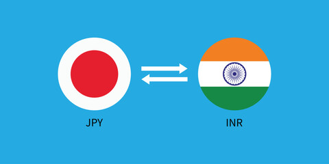 JPY to INR Currency Exchange Illustration with Japanese and Indian Round Flags Icon.
