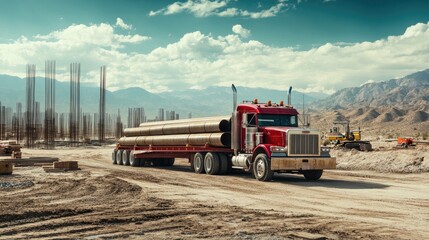 A red flatbed truck hauling metal pipes through a construction area, emphasizing heavy-duty transport and the importance of infrastructure projects.