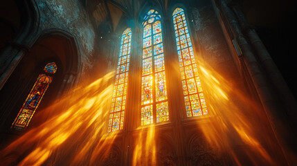 Sunlight streaming through stained-glass windows in a church, symbolizing Pentecost and the Holy Trinity. Spiritual atmosphere of faith and devotion. Banner with copy space.