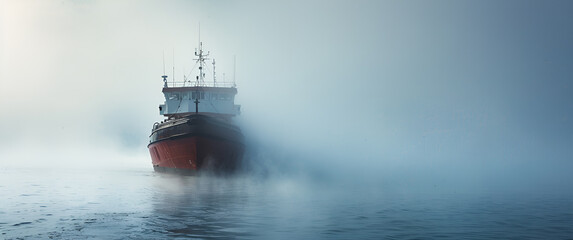 Statek we mgle płynący przez spokojne morze – tajemniczy i nastrojowy morski krajobraz o poranku