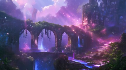 Enchanting Purple Fantasy Landscape with Ancient Ruins and Waterfall Bridge