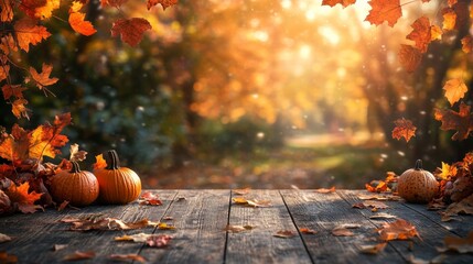 Empty wooden table with fall decorations, ideal for seasonal product display, autumn vibes in soft lighting 