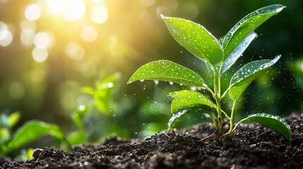 A thriving ecosystem in sunlight with vibrant plants and rich soil