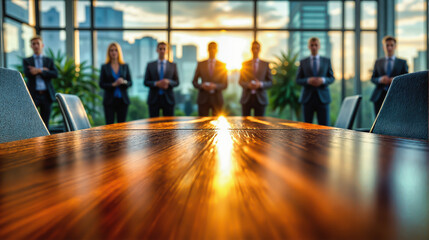 Business executives standing at boardroom table with sunset through panoramic windows. Polished mahogany surface with light reflection. Corporate team silhouettes against urban skyline backdrop.