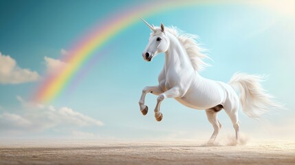 A white unicorn with a flowing mane and tail, rearing up on its hind legs beneath a vibrant rainbow arching across a clear blue sky, symbolizing hope, dreams, and magical possibilities.