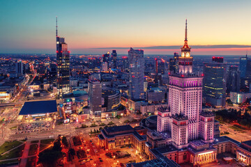 Palace of Science and Culture, Warsaw city center at night