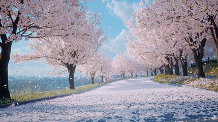 Stunning Cherry Blossom Tree Lined Road: Spring Scenery Wallpaper