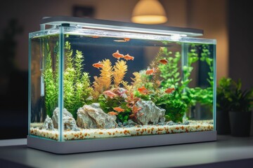 Aquarium On Table. Beautiful Room Decor with Animal Life in Water Environment